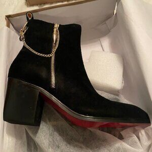 Christian Louboutin Velvet Zip Ankle Boots W/ Chain In Black Size 39 (US 8.5)